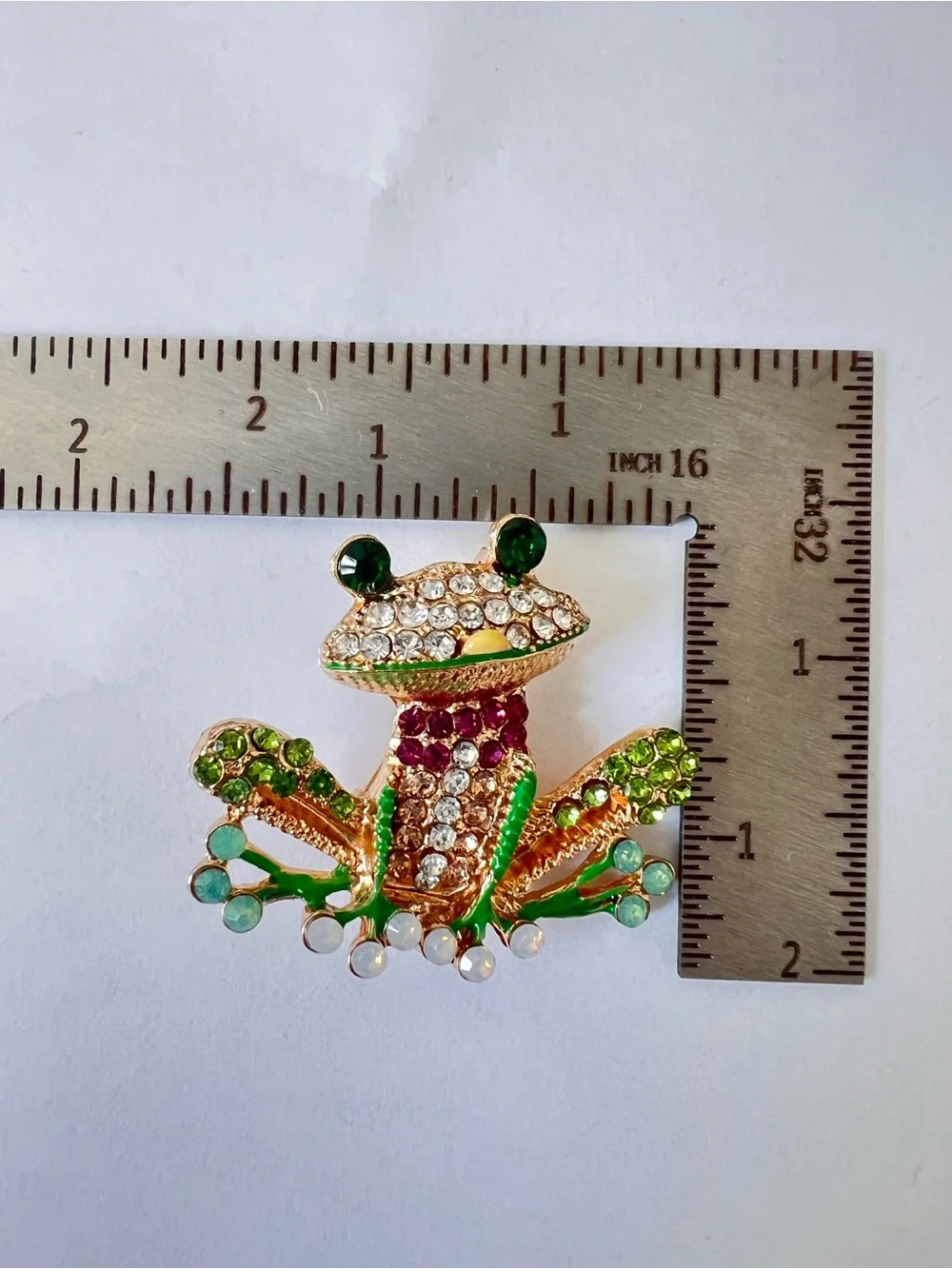 Rhinestone Enamel Frog Brooch - Green, Gold, Clear, Red